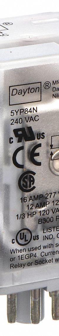 DAYTON General Purpose Relay: Socket Mounted, 10 A Current Rating, 240V AC, 3PDT, 11 Pins/Terminals (MPN 5YP84). Key specifications — Brand: DAYTON; Base Type: Octal; Mounting Style: Plug-In; Manufacturer Part Number: 5YP84; Series: B Series.
