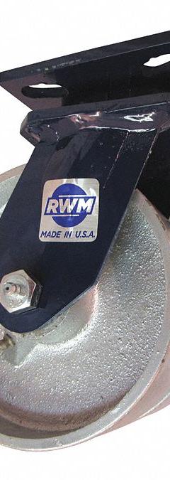 RWM Plate Caster: Swivel, Iron, 6 in Wheel Dia, 2 in Wheel Wd, 8 in Mounting Ht, Roller, Heavy Duty (MPN 2-75-CIR-0620-S). Key specifications — Wheel/Tread Color: Silver; Brand: RWM; Roll Up: Swivel.