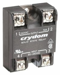 CRYDOM Solid State Relay: Surface Mounted, 50 A Max Output Current, SCR, AC Output (MPN A2450). Key specifications — Brand: CRYDOM; Current Type: AC; Electrical Connection: Screw Clamp; Finger Safe: No; Input Current: 10 mA; Maximum Output Current without Heat Sink: 11 A; Mounting Style: Panel; Output Voltage: 24 to 280V AC.