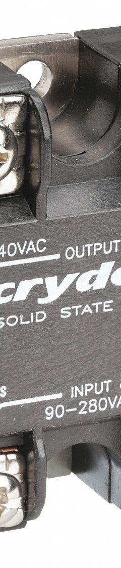 CRYDOM Solid State Relay: Surface Mounted, 50 A Max Output Current, SCR, AC Output (MPN A2450). Key specifications — Brand: CRYDOM; Current Type: AC; Electrical Connection: Screw Clamp; Finger Safe: No; Input Current: 10 mA; Maximum Output Current without Heat Sink: 11 A; Mounting Style: Panel; Output Voltage: 24 to 280V AC.