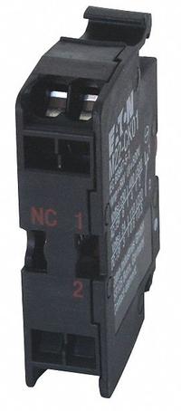 EATON Contact Block: 22 mm Panel Mounting Size, 1NC, Momentary, M22/M22M Series (MPN M22-CK01). Key specifications — Switch Action: Momentary; Terminal Connection Type: Spring Cage Terminals; Brand: EATON; Compatible with Series: M22M.