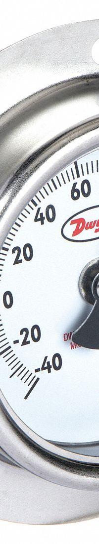 DWYER Analog Thermometer: -40°F to 160°F, ±2% Accuracy, 2 1/2 in Dial Dia, 4 in Probe Lg (MPN BTPM24041). Key specifications — Brand: DWYER; Accuracy: ±2 %.