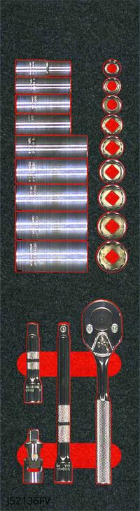 PROTO Socket Sets: 3/8 in Drive, 22 Piece, 12-Point, SAE, 3/8 to 7/8 in (MPN J52136KV). Key specifications — attr1224269: 3/8 in; attr1204638: Drive Tools Included; attr1204650: 3/8 to 7/8 in; attr1204673: Socket Bits Included; attr1204688: PROTO; attr1206170: Standard Sockets.