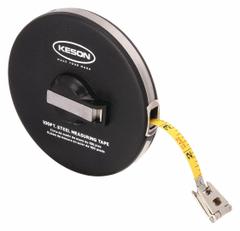 KESON Long Tape Measure: Manual, ST10018M, Metric/SAE, 100 ft / 30 m, 1/8 in/2 mm, Stainless Steel. Key specifications — attr939846: ST10018M; attr939849: Steel; attr939859: Nonmagnetic Single Hook; attr939850: Double-Sided; attr939855: 1/8 in; attr944023: Hook End; attr940484: KESON; attr985224: Stainless Steel.
