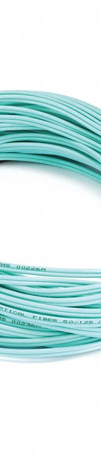 MONOPRICE Fiber Optic Patch Cord: Multi-Mode, 20 m Lg, LC End 1, LC End 2, Aqua, PVC, 2 Fiber Count (MPN 7623). Key specifications — Fire Rating: Riser; Jacket Material: PVC; Number of Fibers: Duplex; Brand: MONOPRICE; _Fiber Optic Cable Style: 50/125µ OM4.