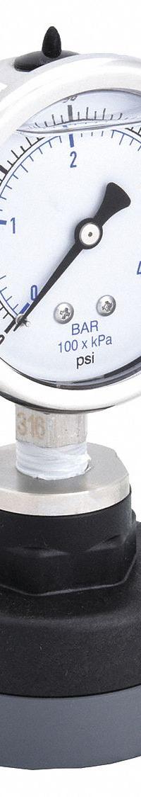 KODIAK Pressure Gauge with Diaphragm Seal: 0 psi to 60 psi, KC301, 2 1/2 in Dial, PTFE, PVC, Bottom (MPN KC301L2560/PLDS-PVC-T11). Key specifications — Brand: KODIAK; Gauge Case Liquid: Glycerin; Seal Fill Liquid: Mineral Oil; Gauge Case Material: 304 Stainless Steel; Seal Lower Housing Material: PVC; Accuracy: ±1.60%; Gauge Wetted Parts: Stainless Steel.