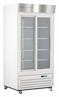 AMERICAN BIOTECH SUPPLY Lab Refrigerator: 33 cu ft, Upright, 1°C to 10°C, 33 1/4 in Overall Dp, Temp (MPN ABT-HC-LS-33). Key specifications — Door Opening Style: Sliding; Color: White; Alarm Type: Temperature; Manufacturer Part Number: ABT-HC-LS-33; Brand: AMERICAN BIOTECH SUPPLY; Product Type: Lab Refrigerator; Door Type: Sliding Glass; Refrigerant Type: R-290.