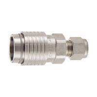 PARKER Body Assembly Coupling: 3/8 in, Female Thread, 1/2" Thread Size, Stainless Steel (MPN NSS-371-8MA). Key specifications — Connection Type: Female Thread; Body Material: Stainless Steel; Brand: PARKER; Temperature Range: -70° to 250°F; Thread Size: 1/2".