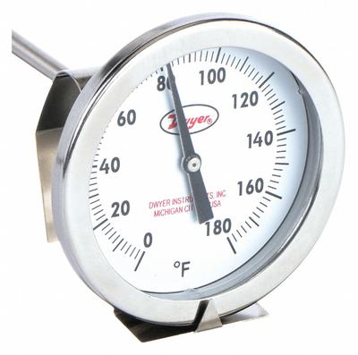 Dwyer Clip On Dial Thermometer: 0°F to 180°F, +/- 2% Accuracy, 5 in Stem Lg - General Purpose Vat & Pan Clip-On Dial Thermometers