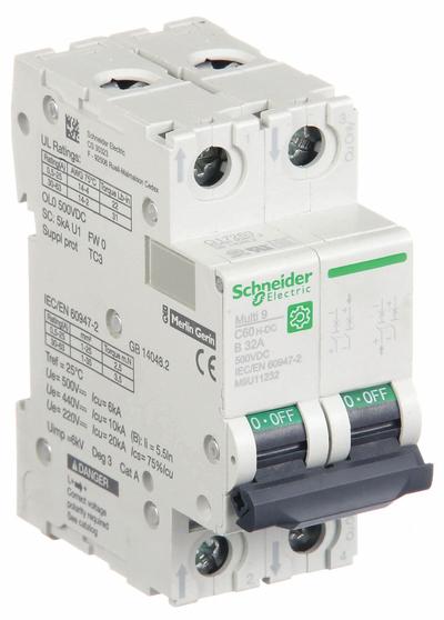 SCHNEIDER Supplementary Protector: 32 A Amps, 500V DC, 5kA at 250V DC, Screw Clamp - DC-Only Rated, 2-Pole UL1077 DIN Rail-Mount Supplementary Protectors