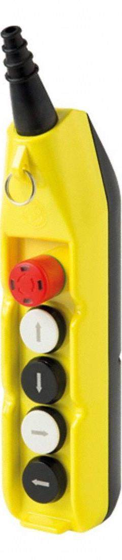 GIOVENZANA Pendant Control Station: (5) Push Buttons, 4NO/1NC, Emergency Stop, NEMA 4X (MPN PL05-E). Key specifications — AC Contact Rating: 16 A @ 690 V; Action: Maintained/Momentary/Momentary/Momentary/Momentary; DC Contact Rating: 2 A @ 690 V; Enclosure Material: Thermoplastic; Legend: Emergency Stop; Mounting Orientation: Vertical; Operator Configuration: (5) Push Buttons; Brand: GIOVENZANA.