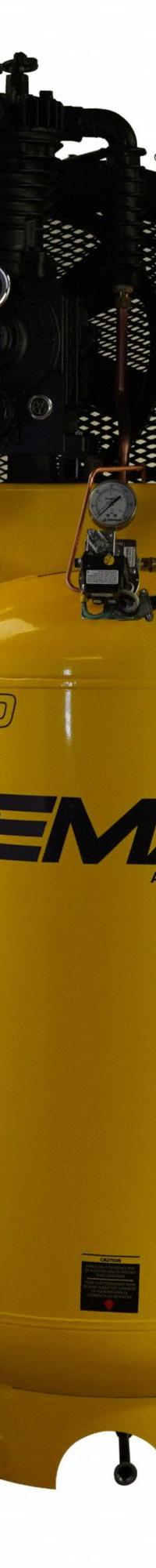 EMAX Electric Air Compressor: 5 hp, 2 Stage, Vertical, 80 gal, 19 cfm, 175 psi, 240V, Auto (MPN ESPR05V080I1). Key specifications — attr1395880: Auto; attr48430: EMAX; attr48448: Isolator Pads; attr48450: 240V; attr48474: Single; attr48487: Vertical; attr1396708: Radiator Aftercooler.
