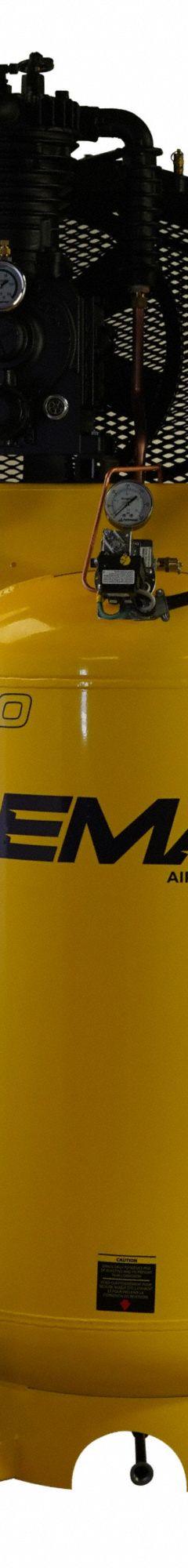 EMAX Electric Air Compressor: 5 hp, 2 Stage, Vertical, 80 gal, 19 cfm, 175 psi, 240V, Auto (MPN ESPR05V080I1). Key specifications — attr1395880: Auto; attr48430: EMAX; attr48448: Isolator Pads; attr48450: 240V; attr48474: Single; attr48487: Vertical; attr1396708: Radiator Aftercooler.