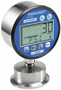 ASHCROFT Digital Pressure Gauge: 0 psi to 60 psi, 3 in Dial, 2 in Tri-Clamp, Bottom, ±0.25% Accuracy (MPN 302032SD20LXBLCYLM60#). Key specifications — attr1107294: ASHCROFT; attr1107167: Stainless Steel; attr1107168: Polyester; attr1107165: Digital Sanitary Pressure Gauge; attr1107218: ±0.25%; attr1107231: No; attr1107233: 2030; attr1107293: 0 psi to 60 psi.