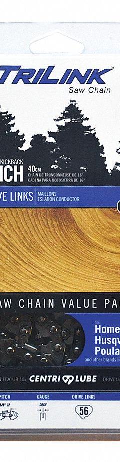 TRILINK Chainsaw Chain: 16 in Compatible Bar Lg, 3/8 in, 0.05 in Gauge, 56 Links, 5/32 in File Size (MPN CL15056X2TL2). Key specifications — attr977596: TRILINK; attr977598: Dayton; attr977603: 3/8 in.