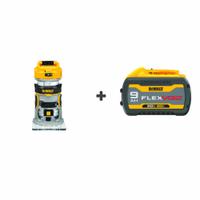 DEWALT Router: FLEXVOLT, Battery Included, Fixed Base, 1.25 hp, 25,500 RPM, 1/4 in Collet, Palm Grip (MPN DCW600B/DCB609). Key specifications — attr217755: (1) Battery; attr217749: 9.0 Ah; attr217752: Brushless.