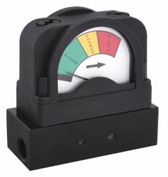 MIDWEST INSTRUMENT 3-Color Differential Pressure Indicator: 300 psig Max. Static Pressure, 555A (MPN 555A-15.0). Key specifications — Brand: MIDWEST INSTRUMENT; Accuracy: ±5% (0-3.5 psid to 0-43 psid); Sensor Material: Buna-N; Housing Material: Glass-Filled Nylon; Transition Points: 0 psid to 7.5 psid (Green) / 7.5 psid to 12 psid (Yellow) / 12 psid to 15 psid (Red).