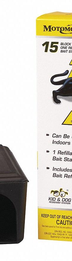 TOMCAT Rodent Station: Box Trap, Box, 16 oz Container Size, Bromethalin, Blocks, 9 3/4 in Overall Ht (MPN 22814). Key specifications — Reusable: Yes; Color: Black; Material: Plastic; Brand: TOMCAT; Container Type: Box; Form: Blocks; Includes: (15) Bait Blocks; Active Ingredients: Bromethalin.