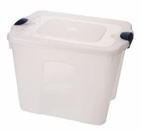 HOMZ Storage Tote: 22 gal, 23 3/4 in x 18 in x 17 1/4 in, Clear Body, Clear Lid, Not NSF Certified (MPN 8520GRCL.08). Key specifications — attr1188666: Plastic; attr1188671: Rounded; attr1188675: Clear; attr1188676: Clear; attr1188687: HOMZ; attr1188688: Not NSF Certified; attr1188689: Nesting Capable.