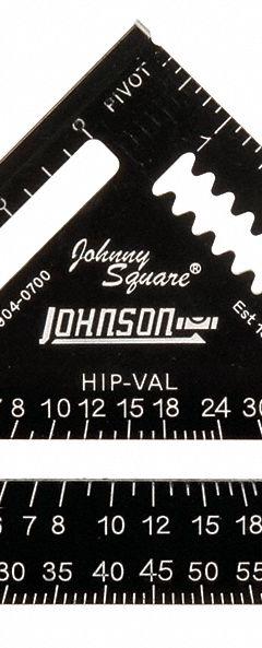 JOHNSON LEVEL Rafter Square: 3/8 in Center-to-Edge Heel Wd, 1/4 in, Top, 7 in Square Size, Aluminum (MPN 1904-0700). Key specifications — attr936133: Etched; attr936134: 1/8 in; attr936137: Degree Scale; attr948788: 1/4 in; attr934763: JOHNSON LEVEL; attr984589: Inch; attr984960: Aluminum.