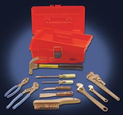 AMPCO Nonsparking Tool Kit: 11 Total Pcs, Tool Box (MPN M-48). Key specifications — attr538283: AMPCO; attr549034: Lineman's Pliers; attr549035: (1) Slotted Screwdriver; attr549036: None; attr549037: (1) Pipe Wrench; attr549038: (1) Hammer.