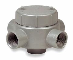 Conduit Outlet Body: Iron, GE, 1 1/4 in Trade Size, XAT Body, 42 cu in Body Capacity (MPN GESXAT-4M). Key specifications — Series: For Standard Body; Compatible Conduit Trade Size: 1-1/4 in; Thread Gender: Female; Hub Style: Threaded; Cover Included: Yes; Body Style: XAT; Connection Type: Threaded; Back Type: Flat.