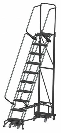 BALLYMORE Rolling Ladder: 7.5 ft Platform Ht, Unassembled, Steel, Wt-Actuated Step Lock, Antislip (MPN NAV-9RS). Key specifications — Folding: Not Foldable; Color: Gray; Brand: BALLYMORE; Handrail Configuration: Double Handrails.