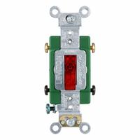 LEVITON Wall Switch: Toggle Switch, Double Pole, Maintained, Red, 120V AC, 30 A (MPN 3032-PLR). Key specifications — Illuminated: Yes.
