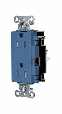 HUBBELL Receptacle: Decorator Duplex, 5-15, Blue, 125V AC, 15 A, 2 Pole / 3 Wire (MPN DR15STBLTR)