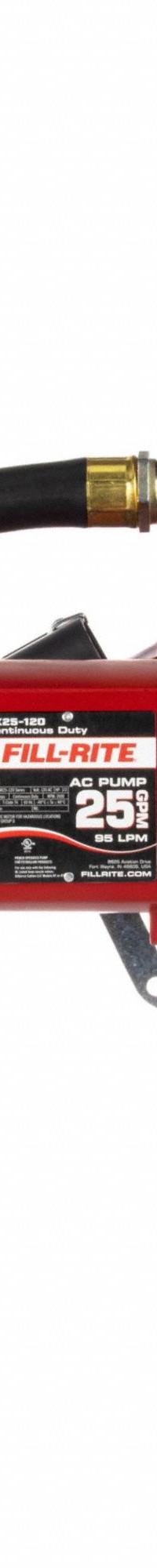 FILL-RITE Electric Drum Pump: 25 gpm Max. Flow Rate, 120 V AC, 1/3 hp HP, Pump with Hose & Nozzle (MPN NX25-120NB-AA). Key specifications — Brand: FILL-RITE; Rated Voltage: 120 V AC; Discharge Hose Size: 1-3/8" x 18'; Nozzle Type: Automatic.