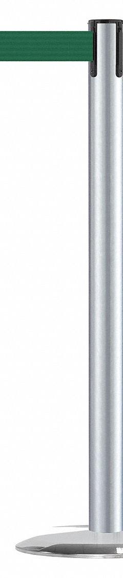 TENSABARRIER Barrier Post with Belt: Dark Green, No Pattern, No Legend, 7 1/2 ft Belt Lg, Silver (MPN 889U-1S-1S-STD-NO-G7X-C). Key specifications — Base Material: Cast Iron; Belt Color: Dark Green; Brand: TENSABARRIER; Post Material: Metal Alloy; Post Color: Silver; Message: No Legend.