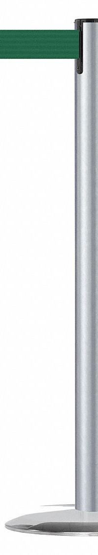TENSABARRIER Barrier Post with Belt: Dark Green, No Pattern, No Legend, 7 1/2 ft Belt Lg, Silver (MPN 889U-1S-1S-STD-NO-G7X-C). Key specifications — Base Material: Cast Iron; Belt Color: Dark Green; Brand: TENSABARRIER; Post Material: Metal Alloy; Post Color: Silver; Message: No Legend.