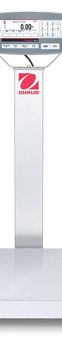 OHAUS Industrial Bench Scale: 18 in x 18 in, Not IP Rated, Column-Mounted, Defender 5000 (MPN 30461636). Key specifications — Connection Ports: 2 In/4 Out Discrete I/O; Readability: 0.005 lb/2 g; Brand: OHAUS; Weighing Surface Material: Stainless Steel.