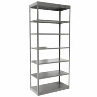 HALLOWELL Metal Shelving: Standalone, Heavy-Duty, 36 in x 18 in, 84 in Overall Ht, 7 Shelves (MPN DT5512-18HG). Key specifications — Frame Material: Steel; Shelving Material: Steel; Assembled: Unassembled; Color: Gray; Brand: HALLOWELL.