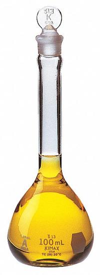 KIMBLE Volumetric Flask: 1 L, Colorless, Conical, A, +/-0.30 mL, Includes Closure, 338 mm Overall Ht (MPN 28014-1000). Key specifications — Shape: Conical; Tolerance: +/-0.30 mL; Body Color: Colorless; Brand: KIMBLE; Compatible with Stopper Size: 22; USP Specification: Type I.