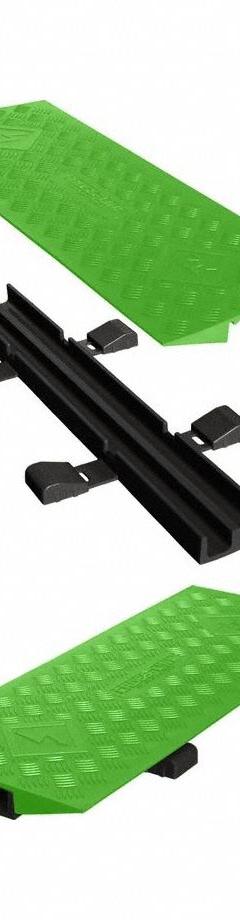CHECKERS HI-VIZ CABLE PROTECTOR: 2 Channels, Drop Over, 1 1/2 in Max Cable Dia, 13 in Wd, 2 in Ht (MPN CL2X1505GDFLG/B). Key specifications — attr1468: CHECKERS; attr1473: Hi-Viz Green (Top)/Black (Base); attr1477: Cover; attr1483: Polyurethane.