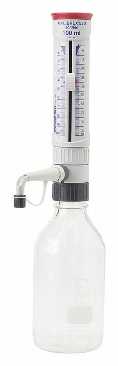 WHEATON Bottle Top Dispenser: 100 mL Volume Capacity - mL, 10 mL – 100 mL, 45 mm Thread Size (MPN W844106). Key specifications — Brand: WHEATON; Accuracy: mid. vol. +/-1.1%.