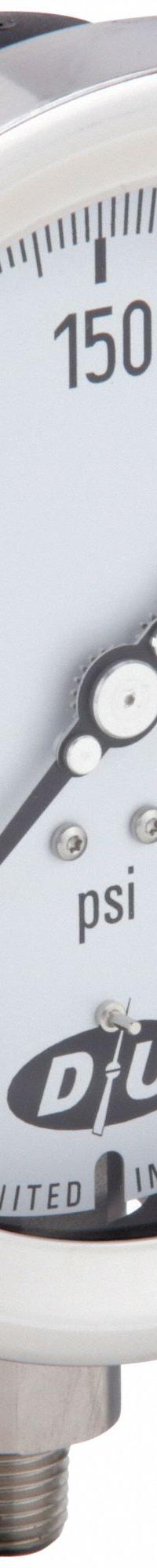 DURO Industrial Pressure Gauge: 0 psi to 300 psi, White, 4 1/2 in Dial, 1/4 in NPT Male, Bottom, 20 (MPN 4.2070813E7). Key specifications — Brand: DURO; Pointer Color: Black; Accuracy: ±0.5%; Dial Color: White; Gauge Wetted Parts: Stainless Steel; Case Material: Stainless Steel; Vibration Resistance Properties: None; Pressure Range: 0 psi to 300 psi.