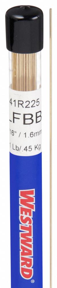 WESTWARD Brazing Alloy: Low-Fuming Bronze, 0%, RBCuZn-C, 1/16 in x 36 in, Bare (MPN 41R225). Key specifications — Tensile Strength: 71 ksi; Yield Strength: 64 ksi; Manufacturer Part Number: 41R225; Brand: WESTWARD; pack-container: 1/pk.