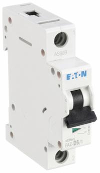 EATON IEC Supplementary Protector: 5 A Amps, 48V DC, 15kA at 240/415V AC, Lug, FAZ, 277/480V AC, D (MPN FAZ-D5/1-SP). Key specifications — Brand: EATON; Terminal Connection: Lug; DC Voltage Rating: 48V DC; Max. AIR Rating: 15kA at 240/415V AC; Series: FAZ; AC Voltage Rating: 277/480V AC; Curve Type: D.