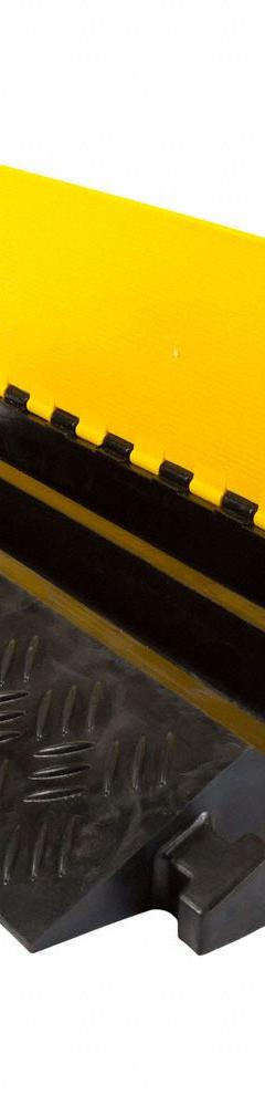 GUARDIAN FLOOR PROTECTION Cable Protector: 2 Channels, Hinged, 3 1/4 in Max Cable Dia, 24 in Wd (MPN DH-CP-7). Key specifications — attr1468: GUARDIAN FLOOR PROTECTION; attr1473: Black/Yellow; attr1477: Cable Ramp-Straight Section; attr1483: Rubber.