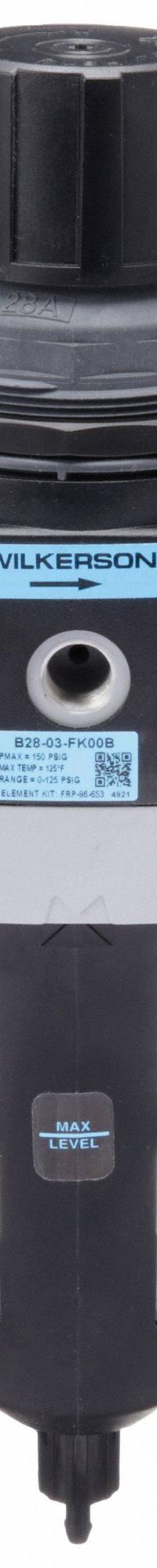 WILKERSON Filter-Regulator: B28 Series, 3/8 in NPT, 200 cfm, 5 micron, 0 psi to 125 psi, Aluminum (MPN B28-03-FK00B). Key specifications — attr109419: WILKERSON; attr109429: Aluminum; attr109463: No; attr109467: Nitrile; attr109468: B28.