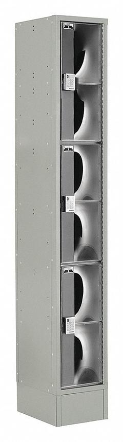 LOCKUP Wardrobe Locker: 12 in x 18 in x 82 in, Clearview, 3 Tiers, 1 Units Wide, Electronic Keypad (MPN LUPE-1W3T-PC1S-02-31-A). Key specifications — Brand: LOCKUP; Locker Color: Gray; Door Type: Clearview; Locker Material: Steel; Assembled: Assembled; Number Plate Included: No.