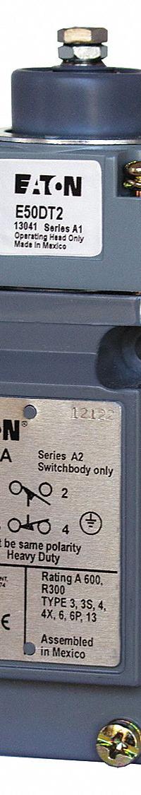EATON Plunger Limit Switch: Plunger Actuator, Momentary/Momentary, Metallic, 8 ozf Op Force - Min (MPN E50BT2). Key specifications — Manufacturer Part Number: E50BT2; Brand: EATON; Electrical Connection: Screw Terminals; Action: Momentary/Momentary; Series: E50; Body Material Type: Metallic; Actuator Type: Plunger.