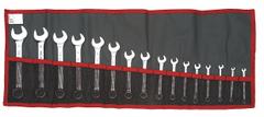 FACOM Combination Wrench Set: Alloy Steel, Satin, 16 Tools, 3.2 mm to 17 mm Range of Head Sizes (MPN FM-39.JE16T). Key specifications — attr309520: Satin; attr309519: Alloy Steel; attr324929: FACOM; attr309512: Canvas Pouch; attr309522: No; attr309533: Yes.