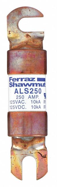 MERSEN Forklift Limiter Fuse: ALS Series, Bolt-On, Gen Purpose, 250 A, 125 V DC, Non-Indicating (MPN ALS250). Key specifications — Brand: MERSEN; Series: ALS.
