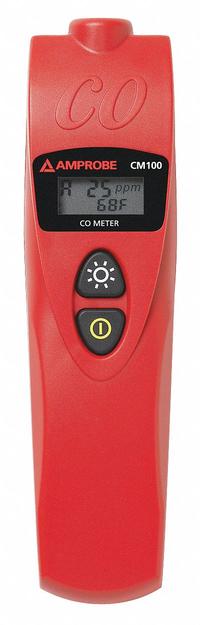 AMPROBE Carbon Monoxide Detector: Custom Alerts/Self-Test, Gas Analyzers for Carbon Monoxide, Sound (MPN CM100). Key specifications — attr1000617: CM100; attr1000624: AMPROBE; attr1000625: Available Separately; attr1000626: LCD with Backlight; attr1000629: Adjustable CO Warning Level Alarm; attr1000647: ±20% of Reading (0 to 100ppm) (at 20 °C ±5%, 50 ±20% RH); attr1000648: Battery; attr1028581: Sound.