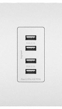 USB Receptacle: 4 USB Ports, USB Type A, White, 125V AC, 15 A (MPN TM8USB4WCC6). Key specifications — Brand: LEGRAND.