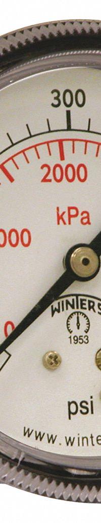 WINTERS Panel-Mount Pressure Gauge: U-Clamp, 0 psi to 600 psi, 2 1/2 in Dial, 1/4 in NPT Male, IP52 (MPN P9U901454UC). Key specifications — Accuracy: ±2-1-2%; Brand: WINTERS; Vibration Resistance Properties: Dry Case Vibration-Dampened; Gauge Wetted Parts: Brass / Bronze.