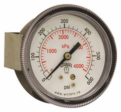 WINTERS Panel-Mount Pressure Gauge: U-Clamp, 0 psi to 600 psi, 2 1/2 in Dial, 1/4 in NPT Male, IP52 (MPN P9U901454UC). Key specifications — Accuracy: ±2-1-2%; Brand: WINTERS; Vibration Resistance Properties: Dry Case Vibration-Dampened; Gauge Wetted Parts: Brass / Bronze.